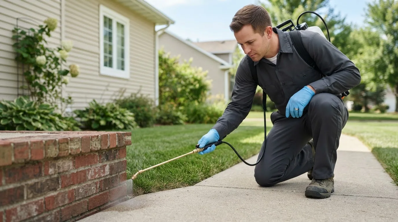Pest control technician treating a home near Callensburg, PA